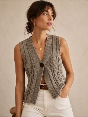 Pure Handknit Taupe Brown 100% Cotton Cable Knit Button Front Sweater Vest XS/S